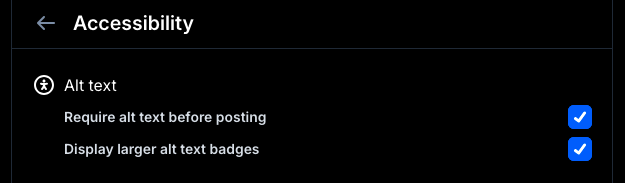 Bluesky Accessibility settings — Require alt text before posting and Display larger alt text badges both enabled