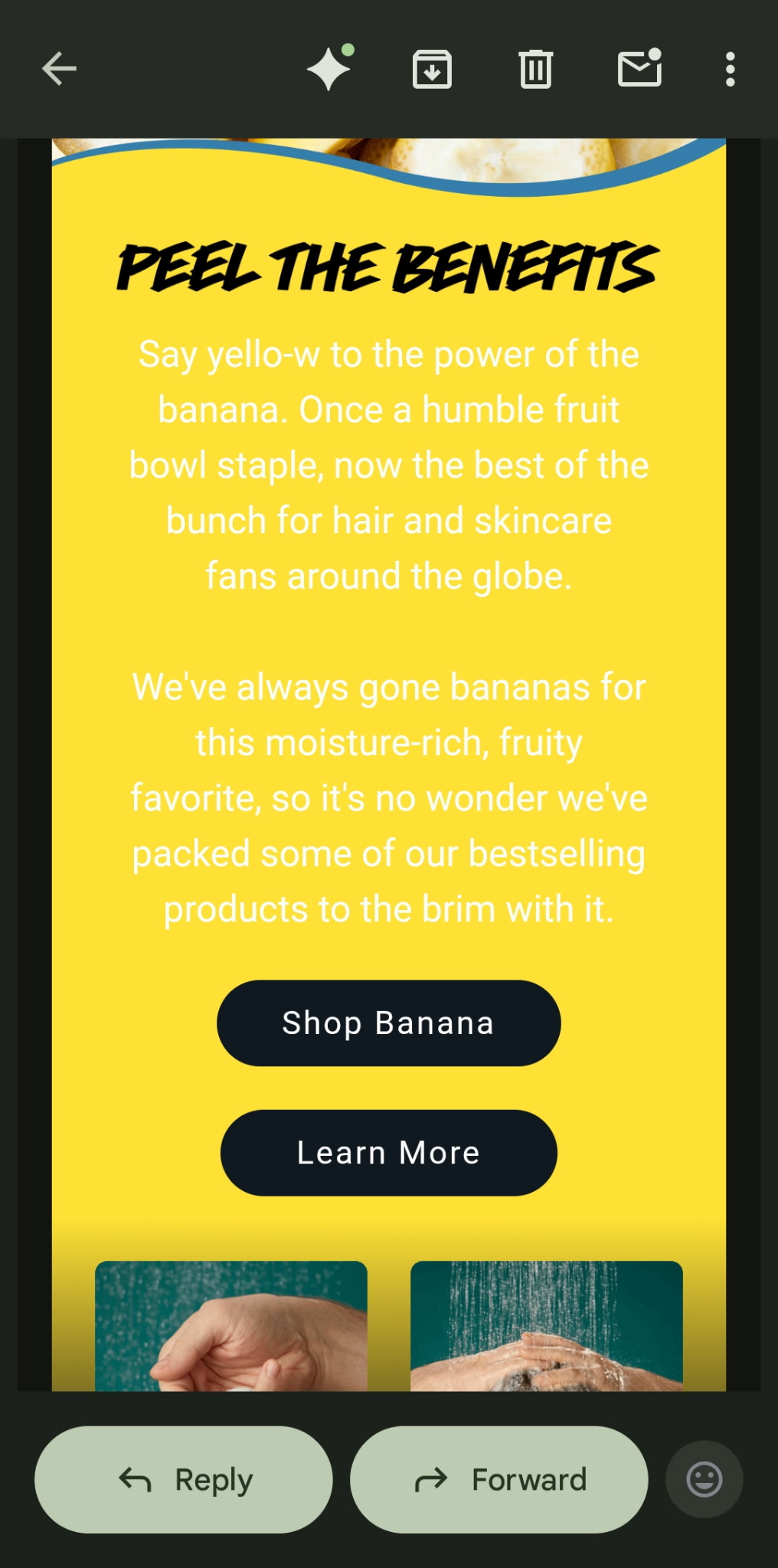 Lush email — black header readable; white body text on bright yellow background is hard to read